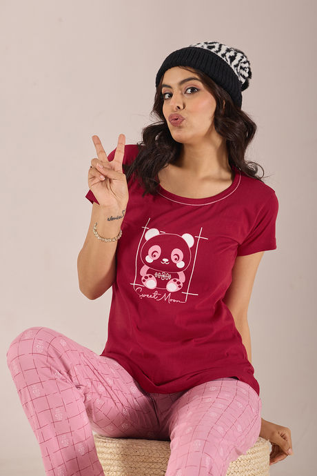 Sweet Moon Knit Cotton Pyjama Set - Darkpink Maroon — image 5
